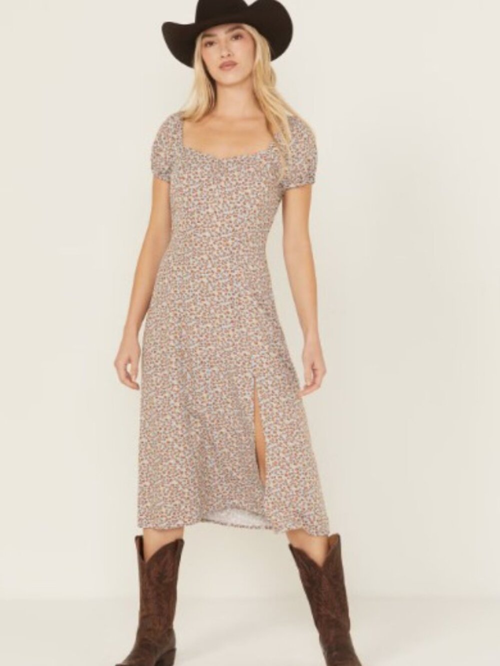 Idyllwind Light Blue Beth Ditsy Print Puff Sleeve Western Midi Dress Miranda